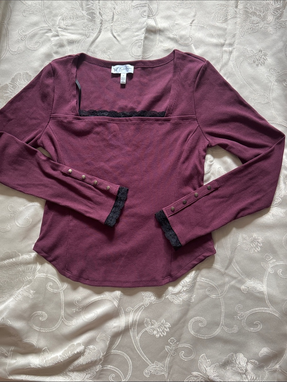 Jessica Simpson Long Sleeve Square Neck Top with Black Lace Trim S
